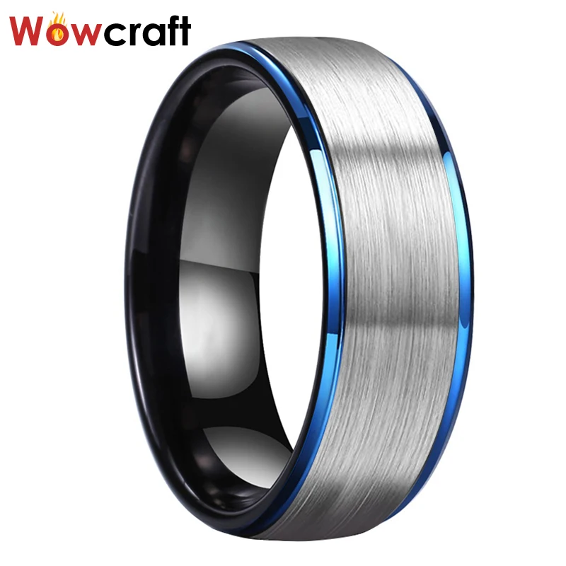 

8mm Blue Black Tungsten Wedding Rings for Men Comfort Fit Stepped Edges Wedding Bands Jewelry Black Matted Finish