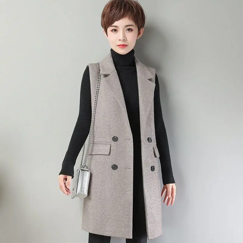 

2021 Women Spring Autumn Woolen Long Slim Vest Lady Notached Double Breasted Sleeveless Blazer Vest Female Casual Waistcoat I387