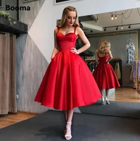 booma red satin short prom dresses sweetheart tied bow straps tea length graduation dresses pockets a line wedding party gowns