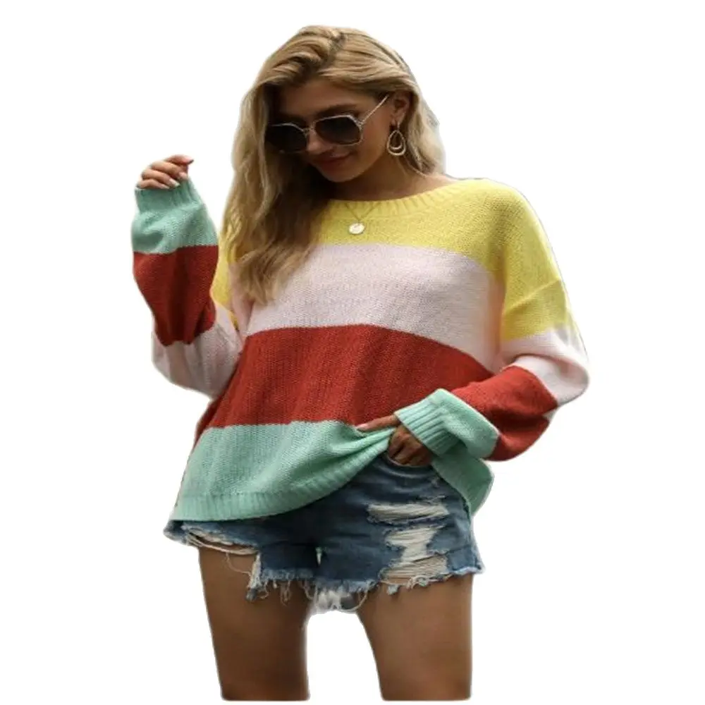 Autumn Fashion 2020 Women O-Neck Sexy Dew Shoulder Stripe Long Sleeve Pullovers Streetwear Casual Loose Lantern Sweater | Женская одежда