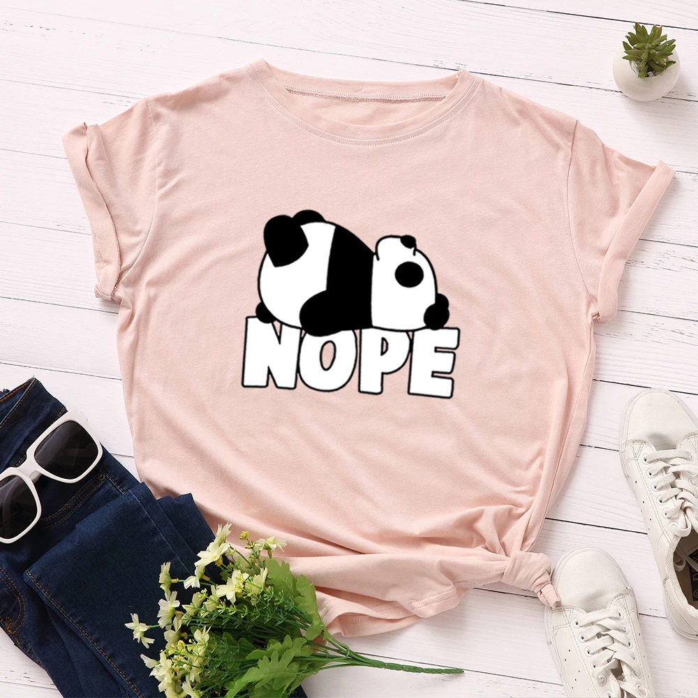 

Nope Funny Ease Panda Print Women Short Sleeve Cotton T-Shirts Graphic Tees Summer Tee Tops for Female Casual Oversized Clothes