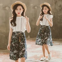2020 summer new childrens clothing girls fashion casual suit solid color sleeveless chiffon tops printed pants 2pce outfits