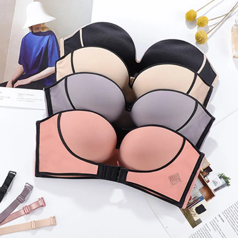 

Women Sexy Strapless Push Up Bra Front Closure Bralette Invisible Bras Underwear Lingerie 1/2 Cup Seamless Brassiere B Cup