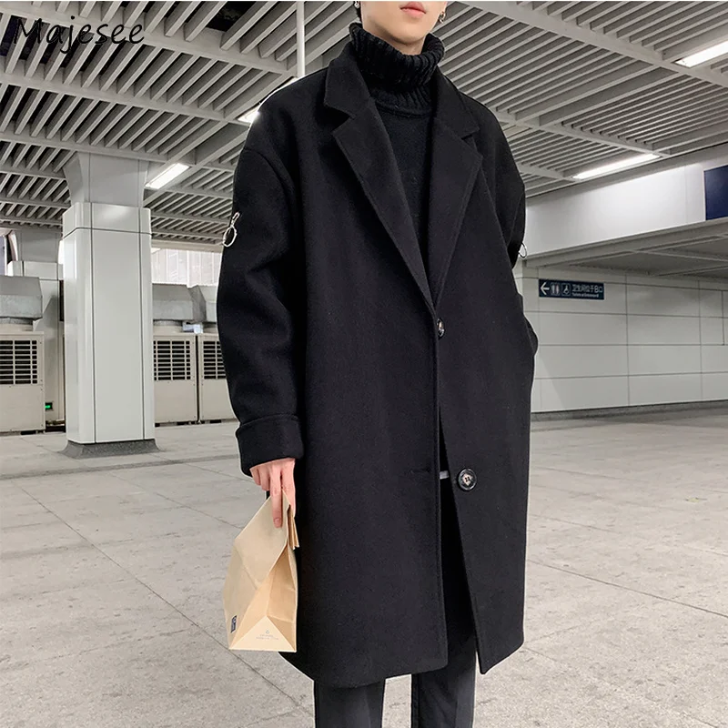 

Men Wool Coats Blends Black Outwears Thickening Ulzzang Woolen Bf All-match Knee Length Vintage Fall Winter Harajuku Popular Ins