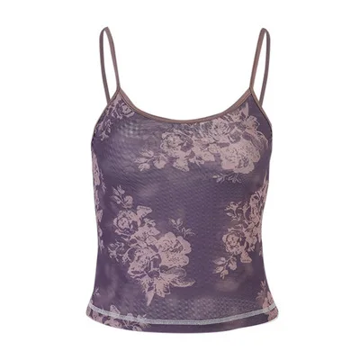 

2021 summer purple inner backless European and American sexy slim-fit mesh sling sleeveless printed sling top