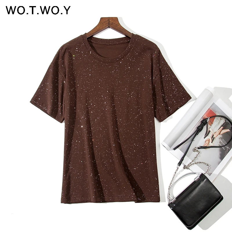 Женская футболка с блестками WOTWOY Базовая Трикотажная эластичная круглым вырезом