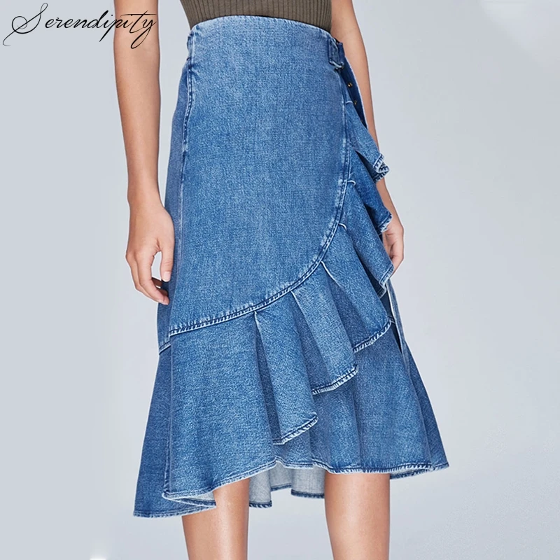 SRDP Асимметричная гофрированная женская джинсовая юбка элегантная с высокой