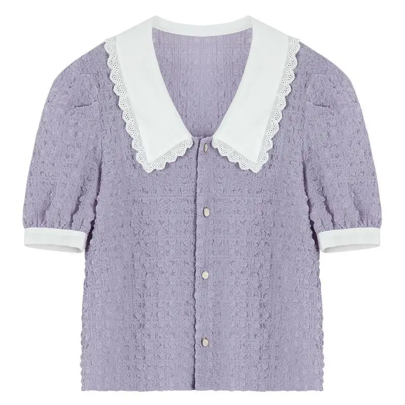

Shirts Womens Patchwork Ladies Elegant Peter Pan Collar Puff Sleeve Casual Daily Korean Style High Street Female Loose Chic New