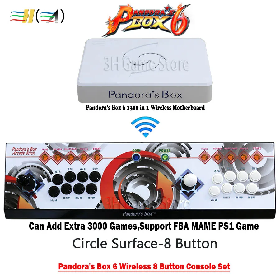 

8 Button Pandora box 6 1300 in 1 wireless iron console set 2 Players arcade controller support fba mame ps1 3d can add 3000 game