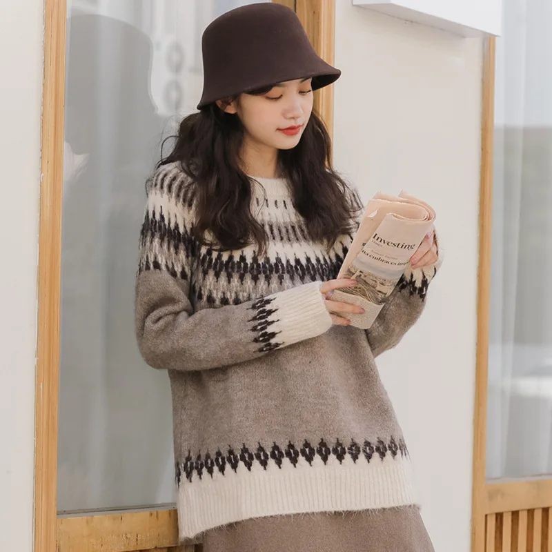 

Женский свитер в стиле ретро, Свободный пуловер контрастной расцветки с ромбами и длинными рукавами, Осень-зима 2020