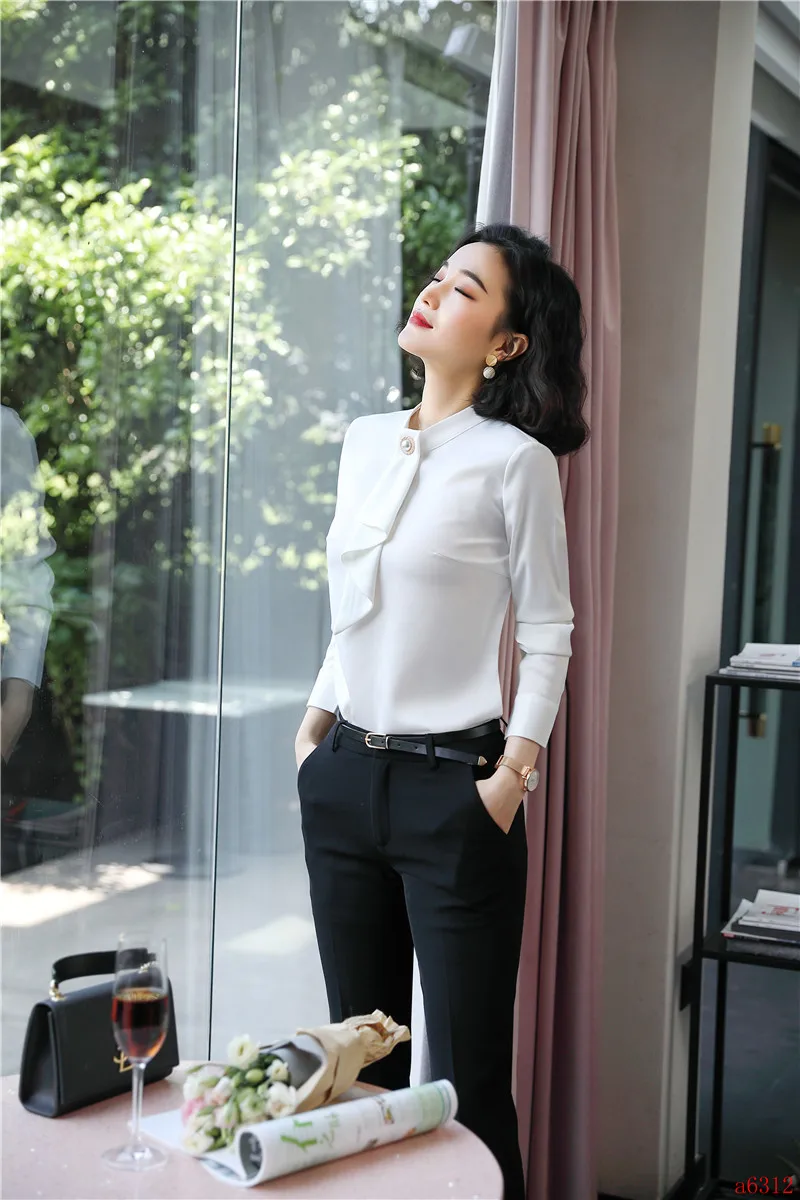 Новинка 2020 женские блузки и рубашки с галстуком белые брюки топ из 2 предметов