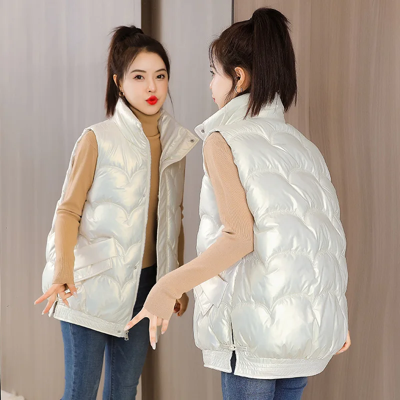 Women Shiny Winter Vest Warm Sleeveless Jacket Female Zipper Stand Collar Pockets Waistcoat