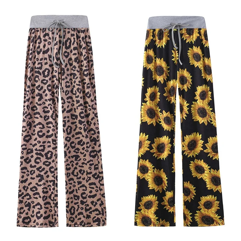 

2 шт. женские удобные повседневные эластичные широкие брюки с принтом, коричневые XL & Sunflower L