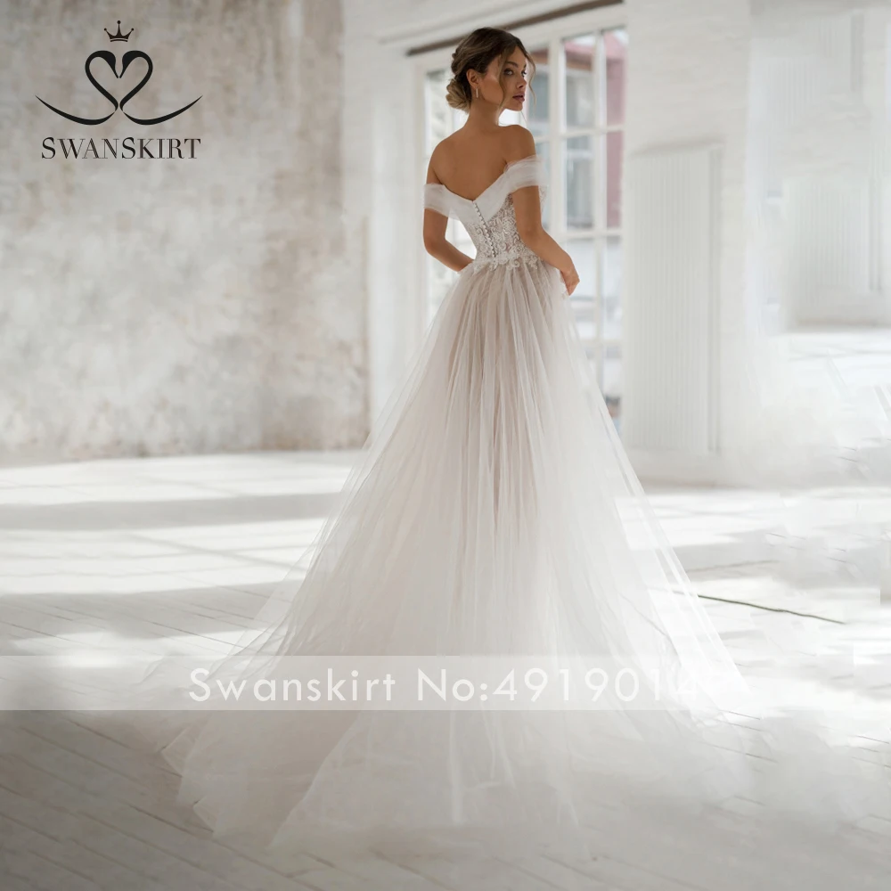 Бохо аппликации свадебное платье Swanskirt NR21 Милая с открытыми плечами А-силуэт суд Поезд размера плюс невесты платье vestido de noiva