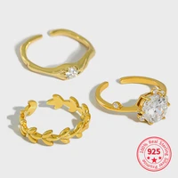 korean 925 sterling silver for women zircon leaves wedding gold ring minimalist opening adjustable cute trendy fine jewellery