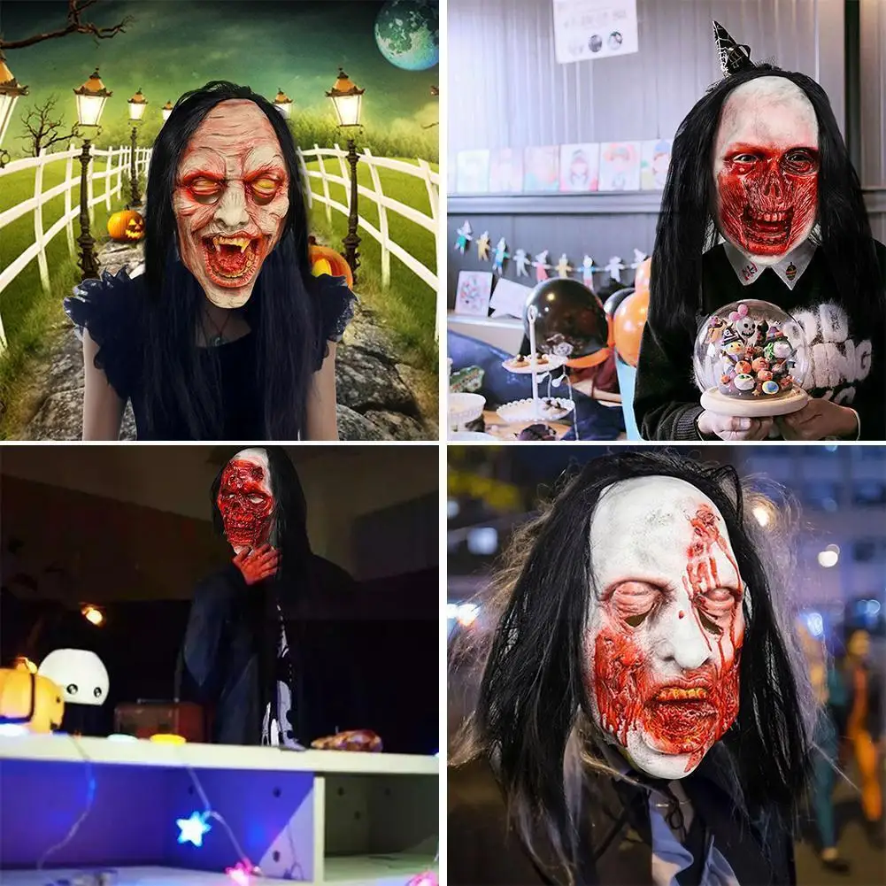 

L Zombie Bloody Rotten Face Helmet Black Long Halloween Decoration Hair Latex Decay Q5h2