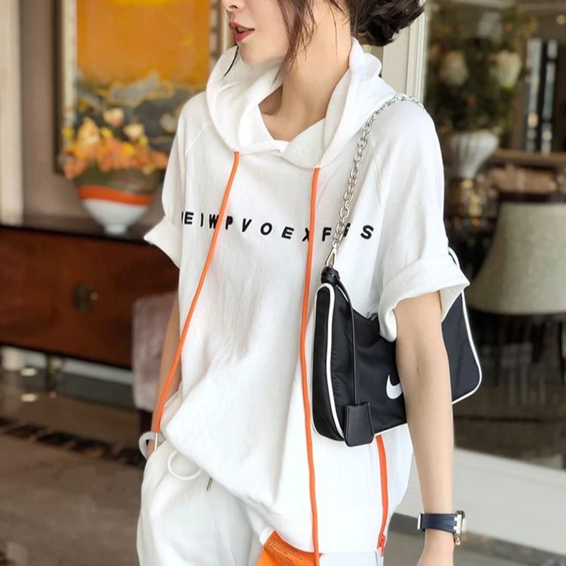 

Summer Fashion Women Short Sleeve Loose T-shirt All-matched Casual Hooded Tee Shirt Femme Letter Print Tops 100% Cotton S823