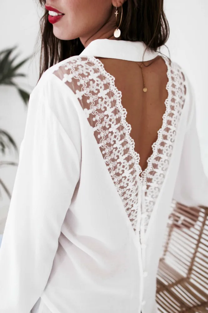 2019 женские сексуальные белые кружевные футболки открытая спина с v-образным