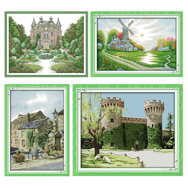 

Manor Cross Stitch Kits House with Flowers Embroidery Needlework Counted Fabric Thread Stamped 11CT 14CT Print Handmade Art Gift