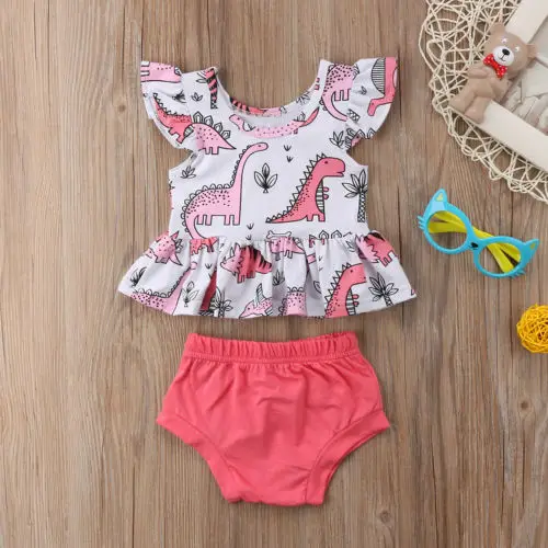 2018 г. новые летние детские повседневные розовые топы с рюшами и динозавром для