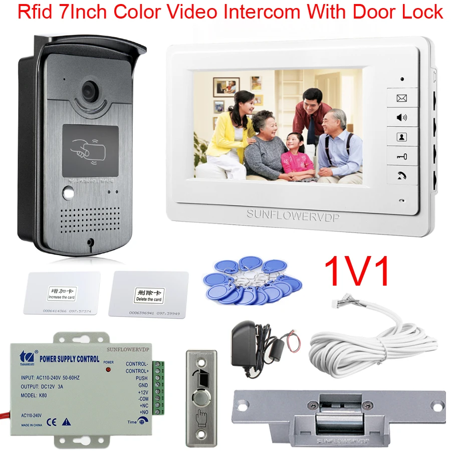 SFID-V7OF-L-1V1 Квартиры Rfid видеодомофон домашний видео телефон двери водонепроницаемый CCD камера цветной монитор " видео дверной звонок Полный комплект с замком - Цвет: SFID-V7OF-L-1V1