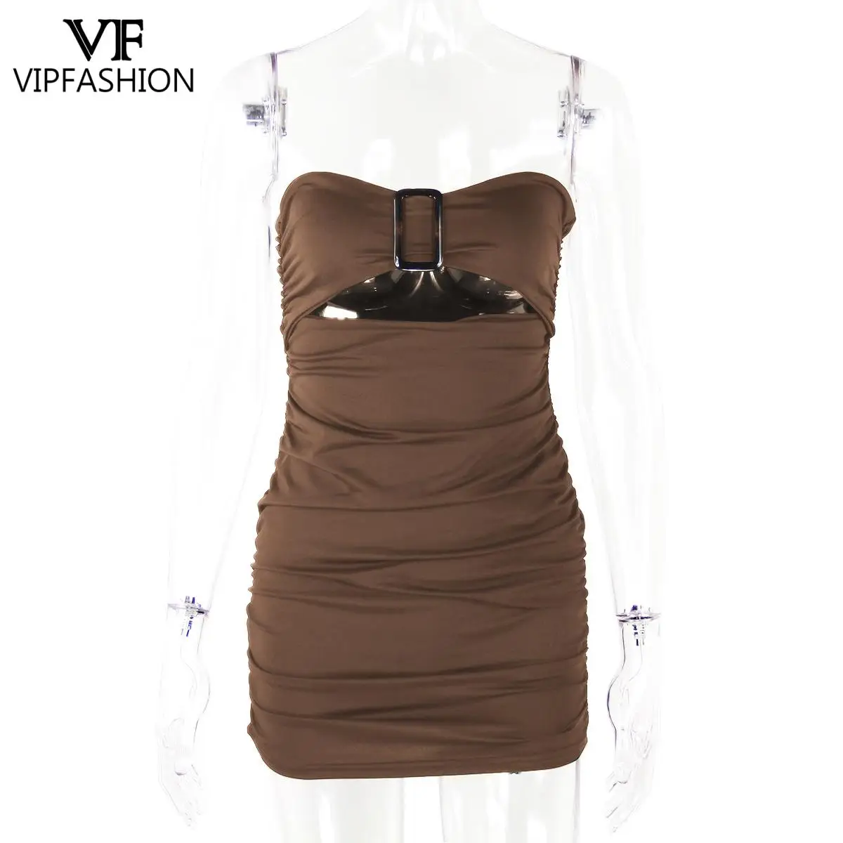 

VIP FASHION Hollow Out Strapless Dress Summer Sexy Women Mini Sleeveless Vestidos Solid Color Slim Casual Dresses for Women 2021