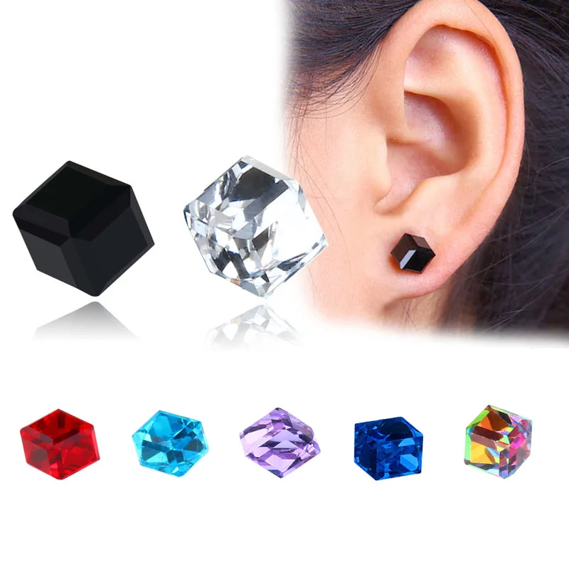 

1 Pair Health Magnet Cube Cubic Zirconia Crystal Stud Earrings Without Pierced Ears Strong Magnetic Iron Earrings For Women