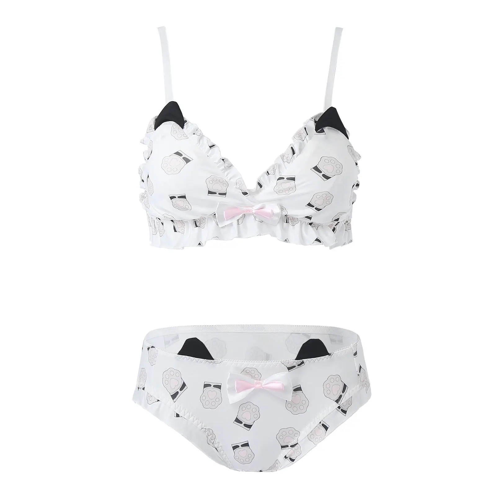 

Erotic Sexy Suit Womens Girls Lingerie Set Paw Print Bowknot Pleated Trimming Removable Padded Sissy Bra with Briefs Underwear