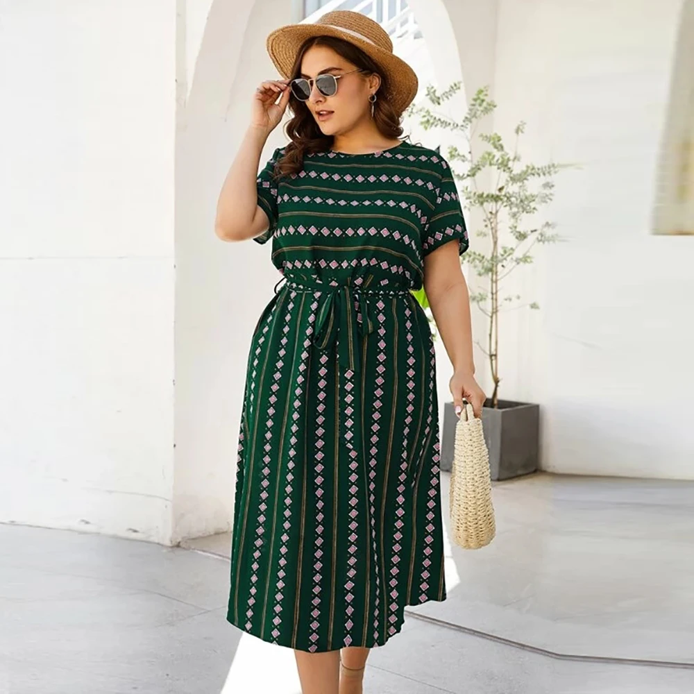 Женские платья с круглым вырезом коротким рукавом и геометрическим принтом
