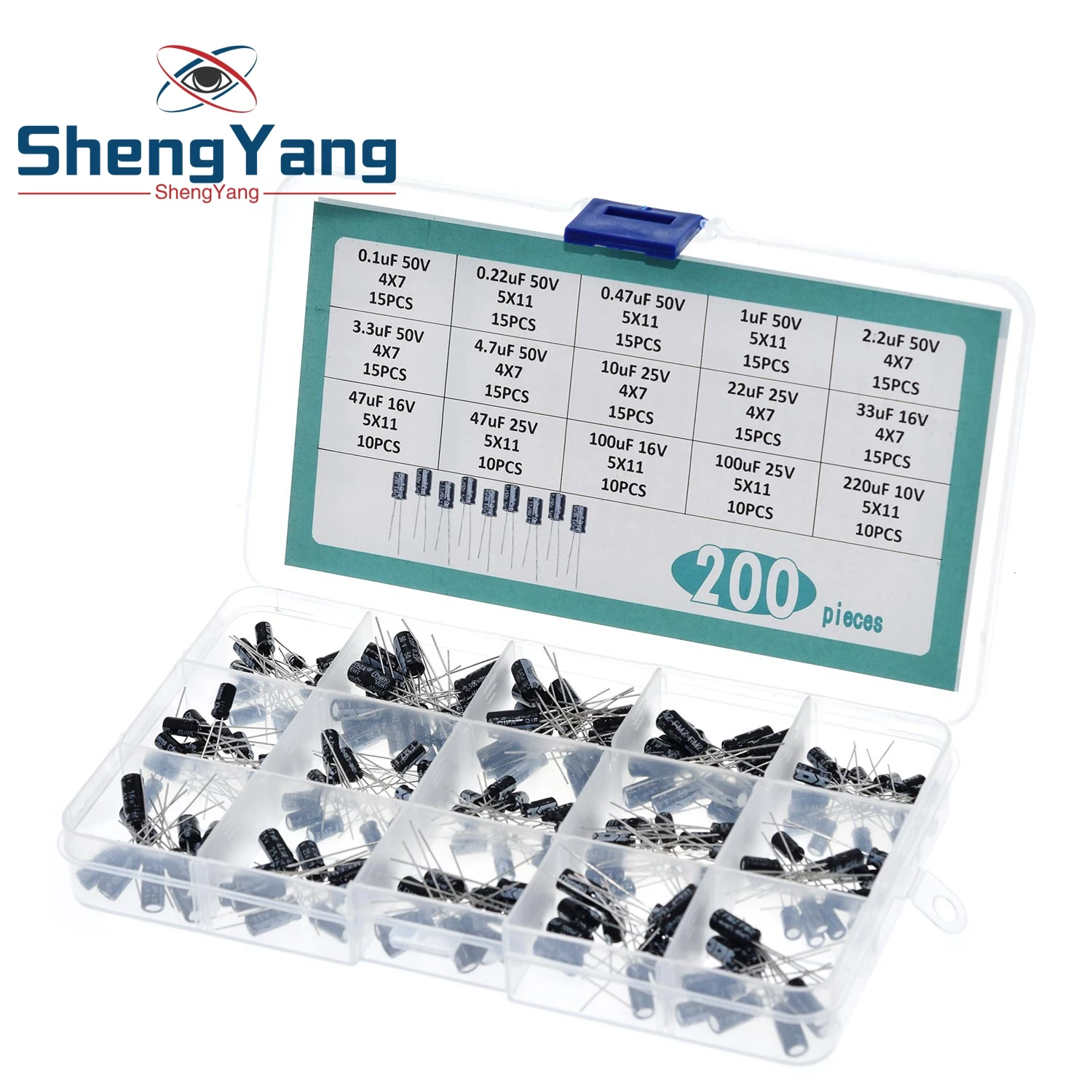 

200pcs/lot Radial capacitors set 15Values 0.1uF-220uF Electrolytic Capacitor Assortment Kit 10V/16V/25V/50V capacitor pack