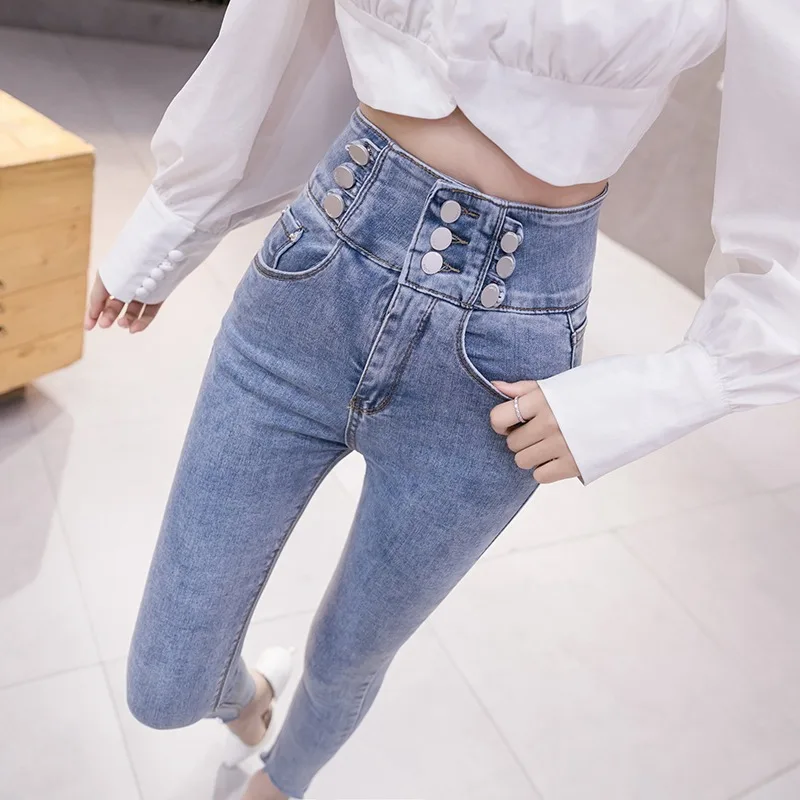 Светильник голубые эластичные джинсы с высокой талией для женщин Новинка весна