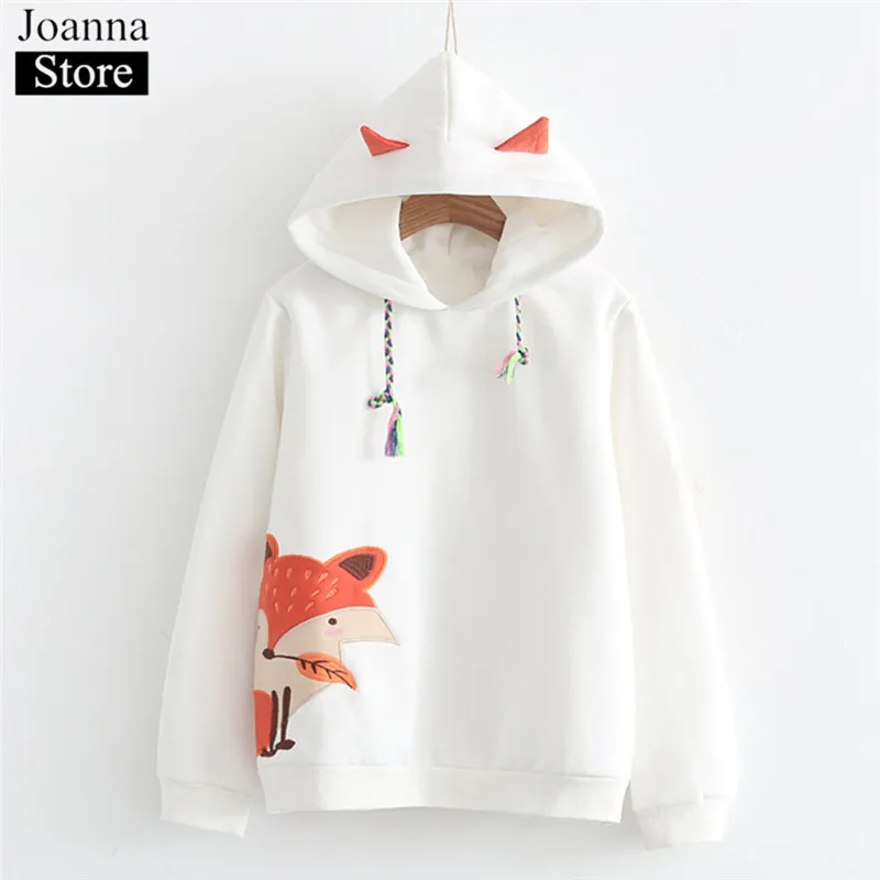 

Winter New Women Harajuku Cartoon Fox Ear Embroidery Hoodie Plush Lining Warm Short Hoodie Ladies Casual White Kawaii Sweatshirt