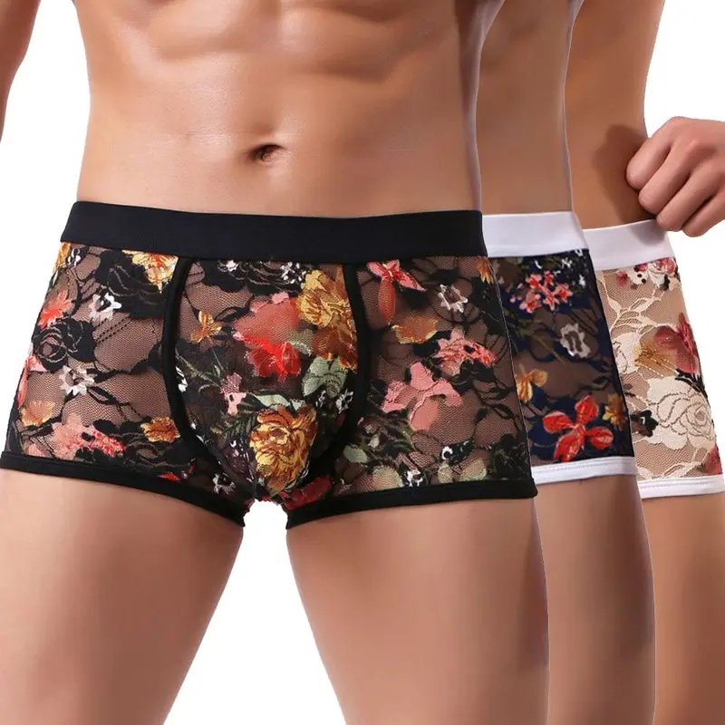 

Men Flower Print Mesh Transparent Breathable Boxer Underpants Ultra-thin Sexy Lace Soft Breathable Men Underwear Boxer Shorts