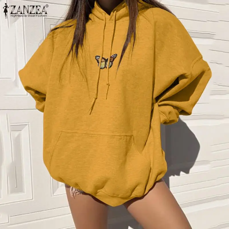 

ZANZEA Fashion Women's Harajuku Hoodies 2021 Autumn Long Sleeve Sweatshirts Casual Lady Solid Loose Pockets Oversized Streetwear