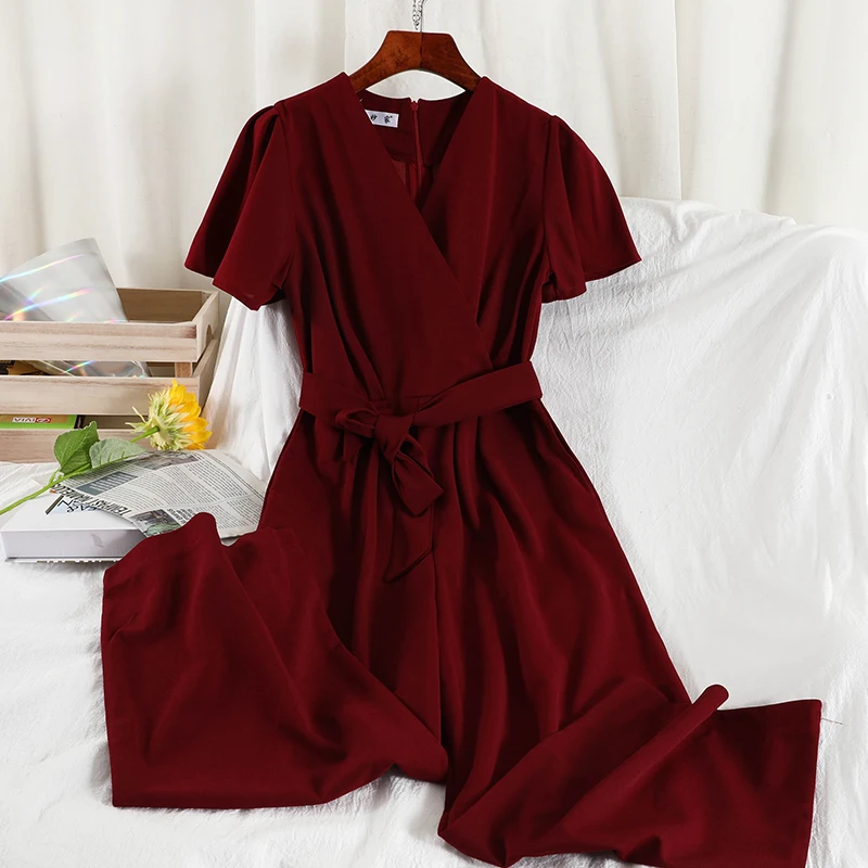 

Casual Wide Leg Romper Women Sexy V-Neck Short Sleeve High Waist Yellow/Brown/Black Playsuit Female Beach Party Jumpsuits Summer