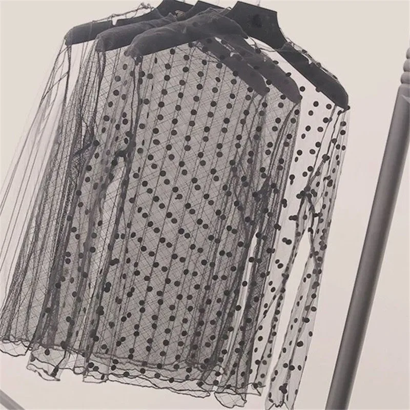 Женский прозрачный сетчатый топ в горошек Черный Уличный с длинными рукавами