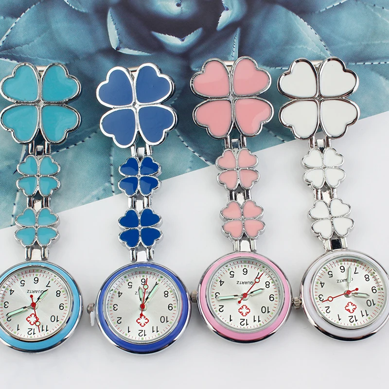 Four Leaf Clover Nurse Watch Fob Pocket Doctor Watch Hanging Hospital Gift Luminous Medical Clock Sun Pattern Literal 10pcs