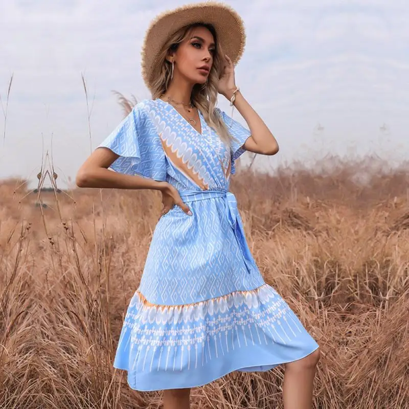 

Short Sleeve Dresses Woman Summer 2021 New Pleated Dress V-neck Belt for Women Lace-up Women's Sundresses Print Plus Size Long
