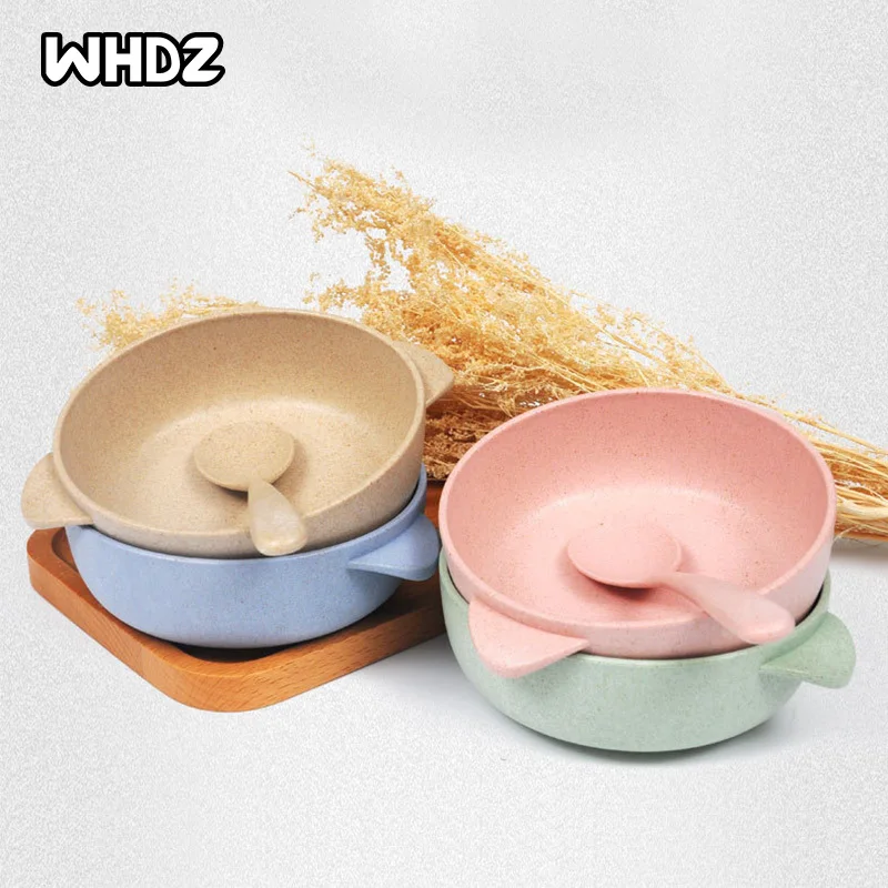 

Baby Feeding Tableware Set Eco-Friendly Wheat Straw Infant Plate Children Dish Dinnerware Kids Anti-hot Training Bowl+Spoon