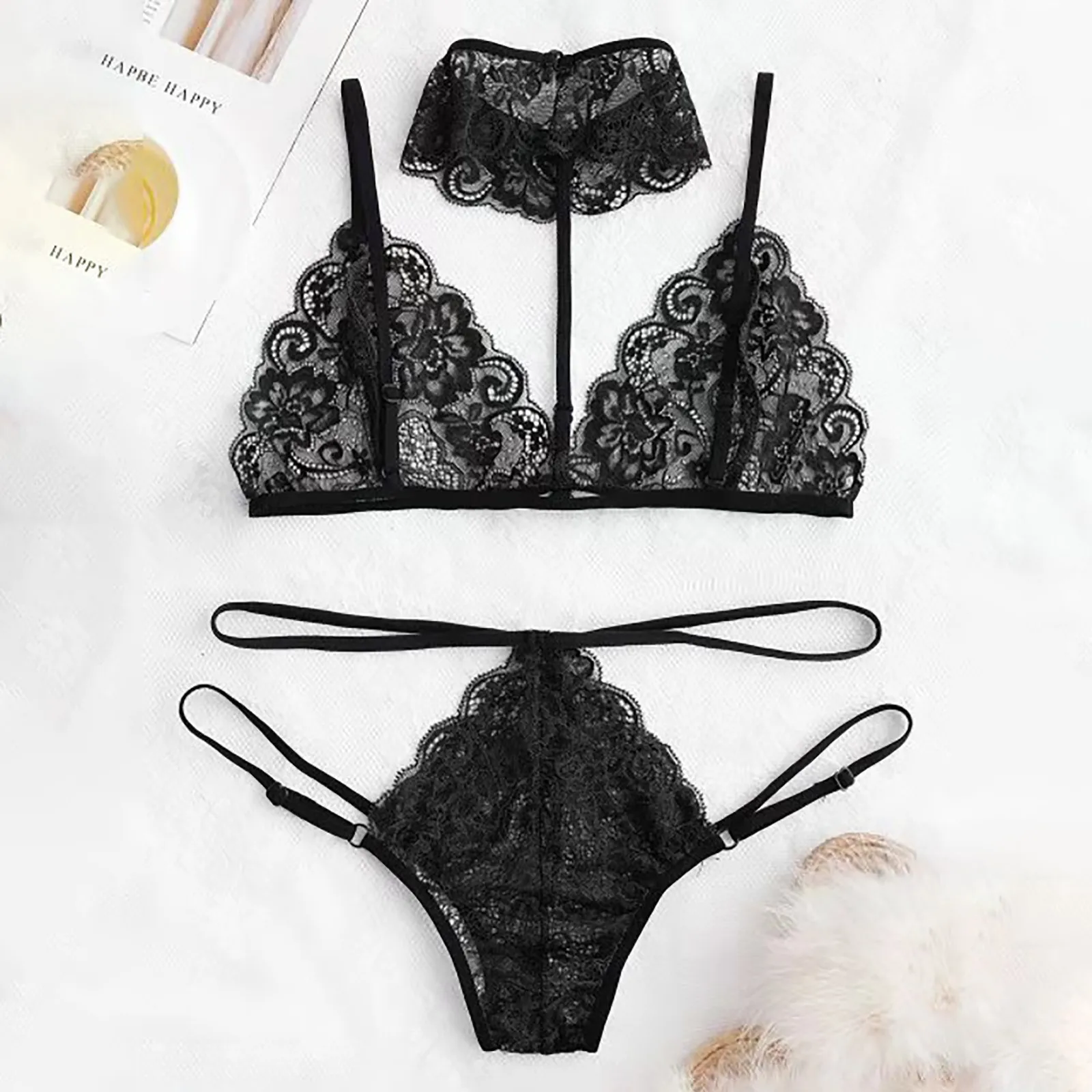 

Styles Fashion Women Bra Set Polyester Lace Lingerie Straps Sissy Panty Bandage Set Sexy Light and Breathable Underwear Sets