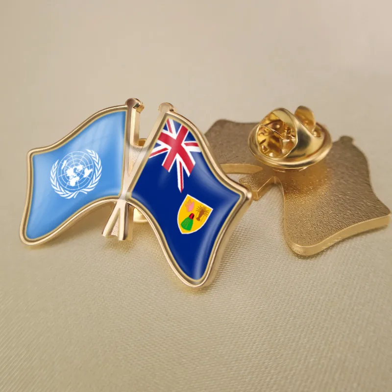

United Nations and Turks and Caicos Islands Crossed Double Friendship Flags Brooch Badges Lapel Pins