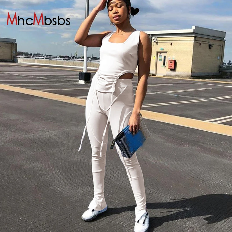 

Sexy Square Collar Drawstring Bandage Tank Top+High Waist Split Pencil Pants Suits Solid Casual Women's Tracksuits 2021 Fall