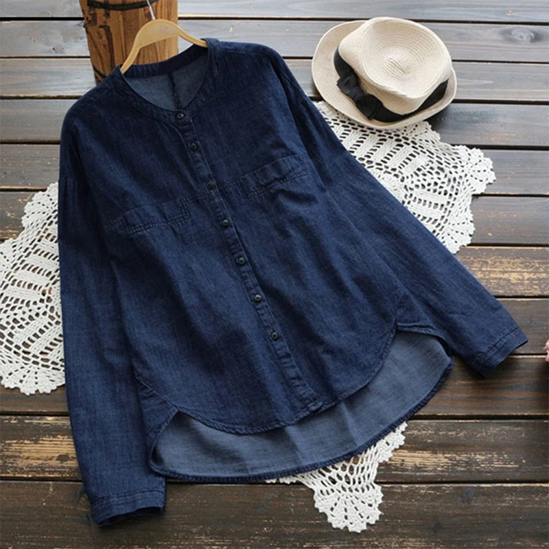 

Plus Size S-5XL Jean Blouse Autumn Stand Collar Long Sleeve Women Blouses Solid Office Shirt Casual Tops Blusas Chemise Femme