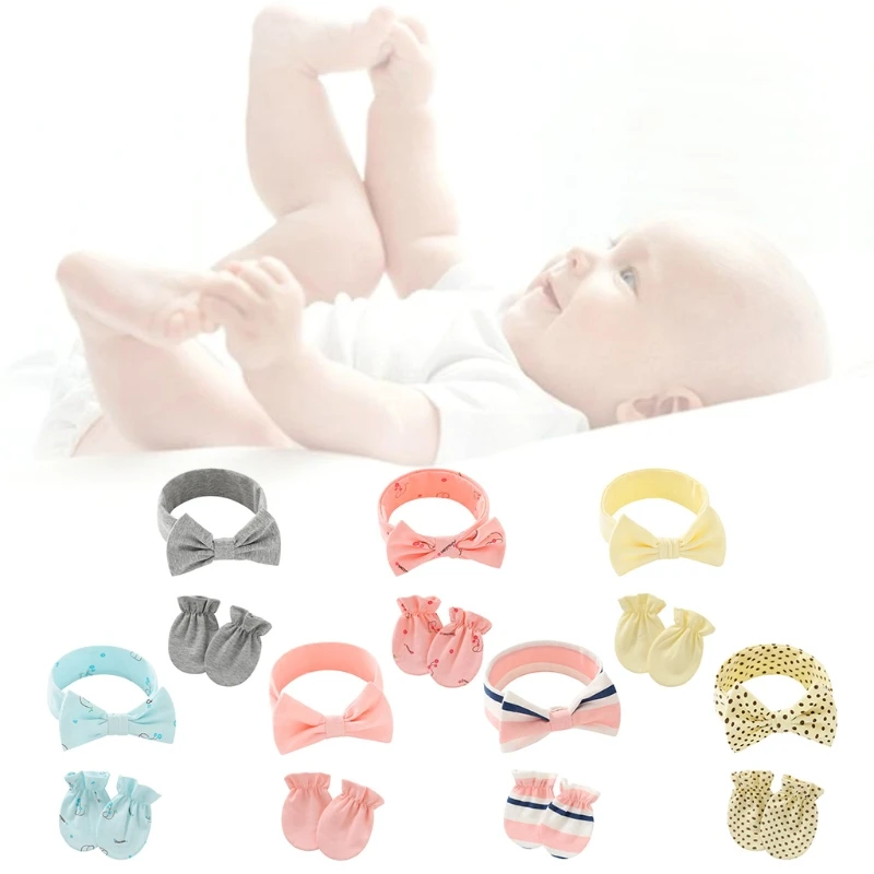 

Baby Anti-scratching Gloves Bow Headband Set Newborn Mittens Hair Band Headwear G99C