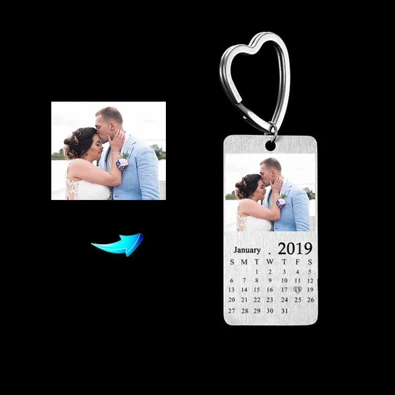 

Personalized Photo Calendar Key Chain Customized Laser Engrave Love Date Stainless Steel Souvenir Keyring Tag Couple Gift