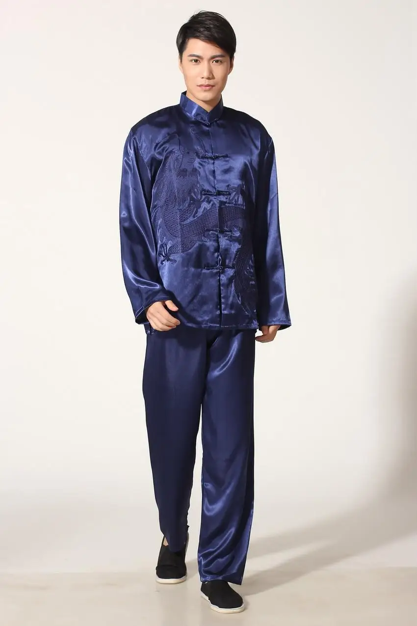 Navy Blue Черный китайский традиционный Мужской Атласный Костюм кунг-фу винтажная Вышивка Дракон Тай Чи ушу униформа одежда Размеры s m l xl XXL MS006 - Цвет: Navy Blue