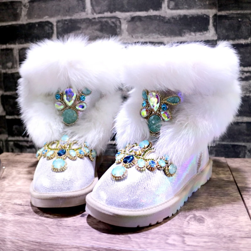 

2019 new luxury pearl gemstone beaded fox hair pearl patent leather tube waterproof snow boots