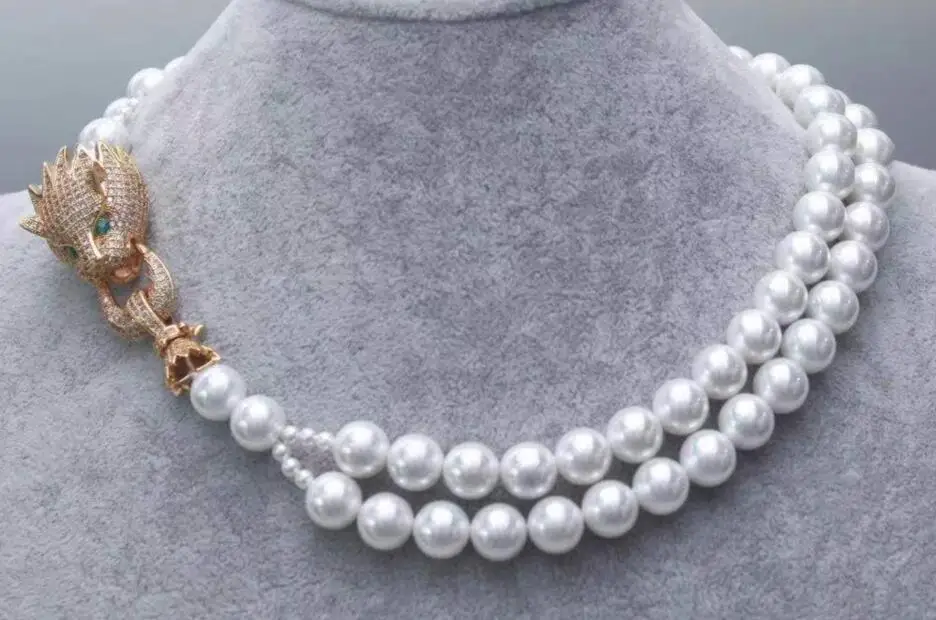 

Beautiful Style diy 2row 4-10mm white south sea shell pearl necklace bracelet Leopard head gold clasp for women -jewelry