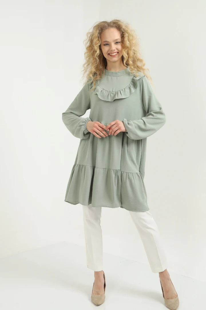 

Khaki Colar Flounces Temporary Shed Tunic new season modern design long sleeve flywheel detail elegant women top clothing