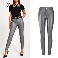 womens high waist jeans slim elastic vintage noble gray imitation leather trouser denim pencil pants pu motorcycle pants female